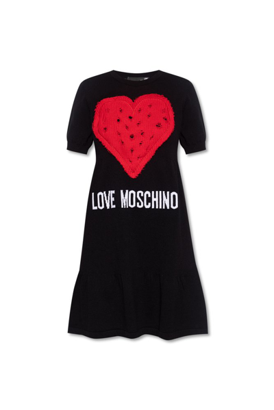 Shop Love Moschino Logo Intarsia Mini Knitted Dress In Black