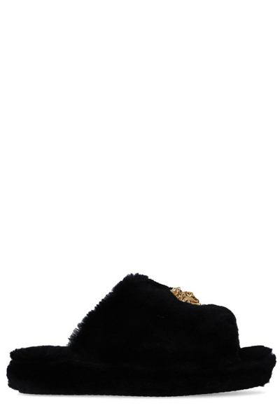 Shop Versace Furry Platform Slippers In Black