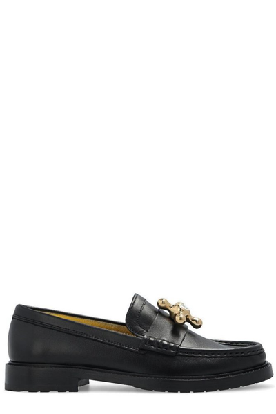 Shop Moschino Logo Plaque Round Toe Loafers In Black