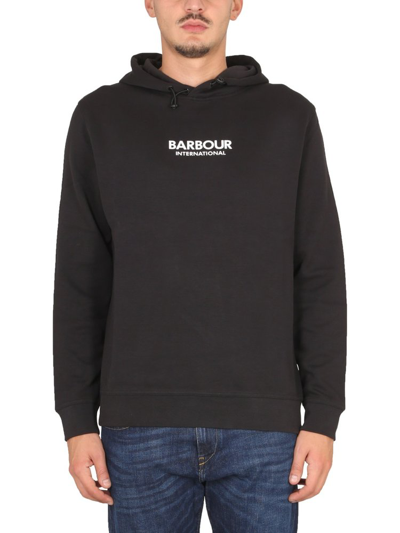 Shop Barbour Logo Print Drawstring Hoodie In Black