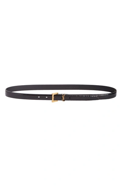 Shop Saint Laurent Ysl Logo Slim Patent Leather Belt In Nero