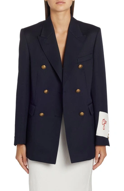 Golden Goose Blue Double-breasted Jacket With Peak Revers And Logo Plaque Detail In Dark Blue