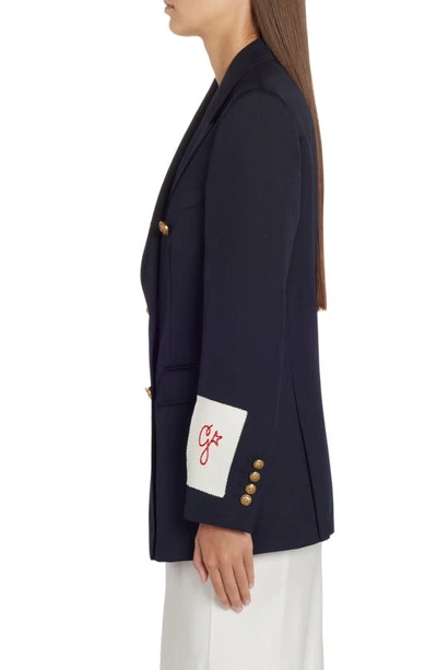 Golden Goose Blue Double-breasted Jacket With Peak Revers And Logo Plaque Detail In Dark Blue