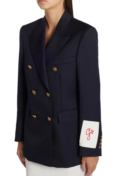 Golden Goose Blue Double-breasted Jacket With Peak Revers And Logo Plaque Detail In Dark Blue