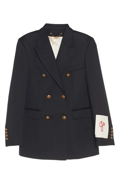 Golden Goose Blue Double-breasted Jacket With Peak Revers And Logo Plaque Detail In Dark Blue