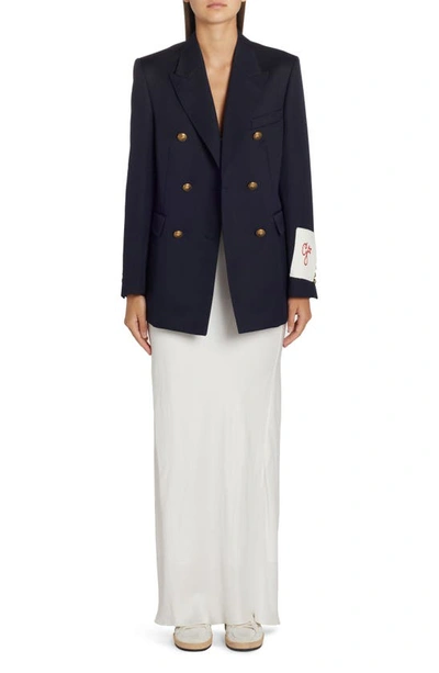 Golden Goose Blue Double-breasted Jacket With Peak Revers And Logo Plaque Detail In Dark Blue
