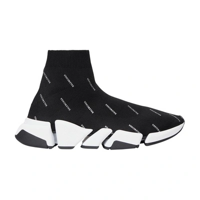 Shop Balenciaga Speed 2.0 Recycled Knit Sneakers Reflective Allover Logo In Blac Ref Whi Bla