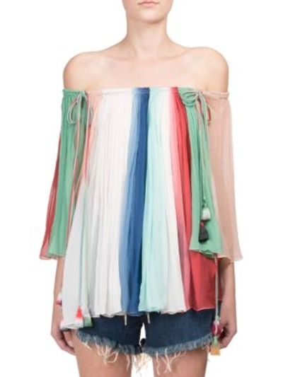 Shop Chloé Rainbow Silk Off-the-shoulder Blouse In Multi