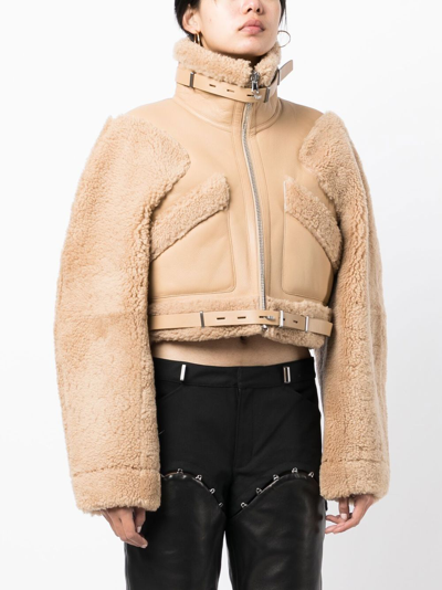 Shop Dion Lee Reversible Cropped Leather Shearling Jacket In Neutrals