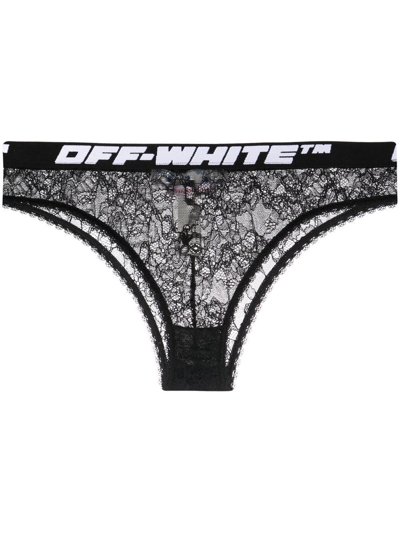 Shop Off-white Logo-waistband Lace Briefs In Black