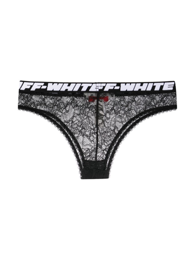 Shop Off-white Logo-waistband Lace Briefs In Black