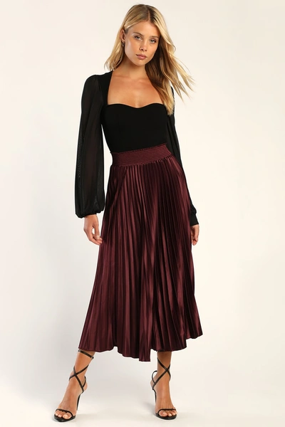 Shop Lulus Sophisticated Vision Plum Satin Pleated Midi Skirt In Purple