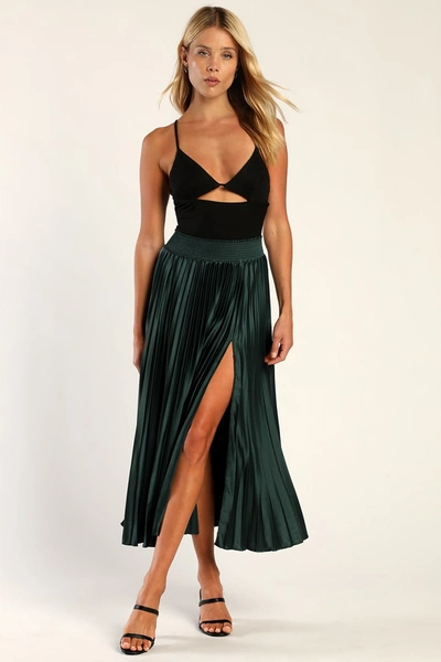 Lulus Sophisticated Vision Emerald Green Satin Pleated Midi Skirt In Emerald Green