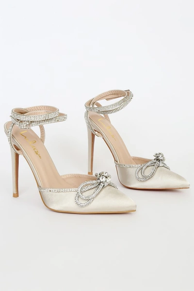Lulus Lullie Ivory Satin Rhinestone Ankle Strap Pointed-toe Pumps In Ivory