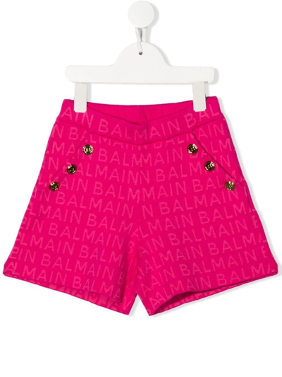 Shop Balmain Logo-print Button-detail Shorts In Pink