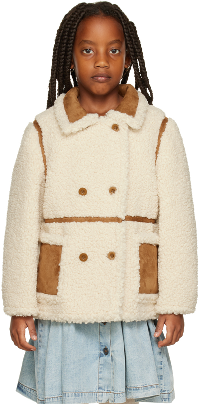 Stand Studio Kids' Chloe Double Breasted Faux Shearling Jacket In Off White/tan