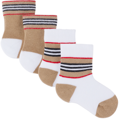 Shop Burberry Baby Two-pack Beige & White Icon Stripe Socks Set In White / Beige