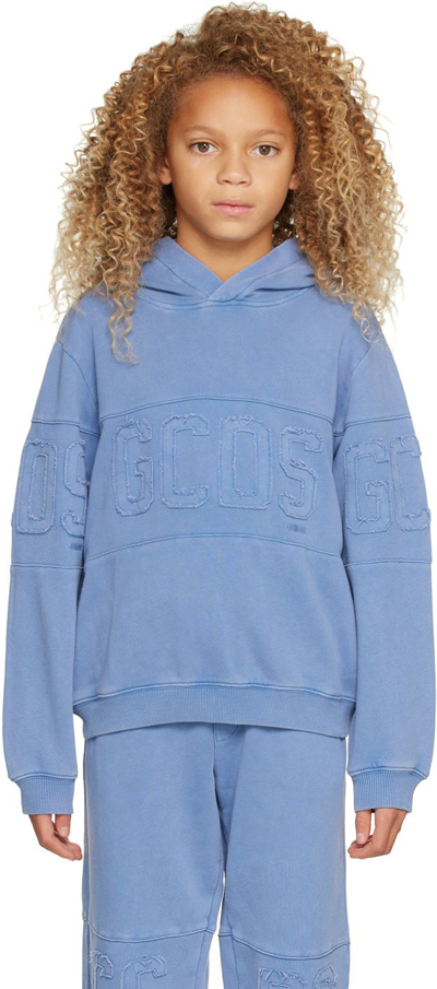 Shop Gcds Kids Blue Garment-dyed Hoodie In Wild Wind Blue