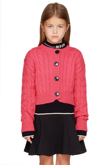 Shop Msgm Kids Pink Cable Knit Cardigan In 134 Fucsia Fluo