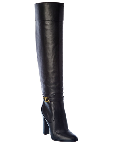 Shop Dolce & Gabbana Dg Buckle Leather Knee High Boot In Black