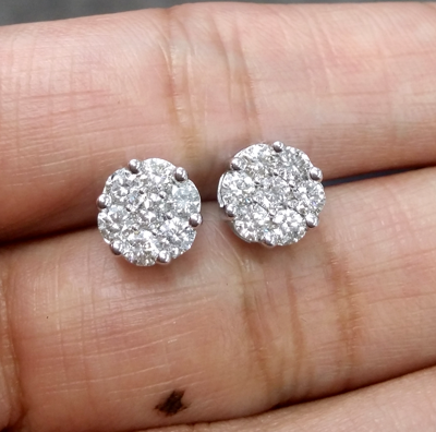 Pre-owned Handmade Deal 14k Gold 1.05ct Round Genuine Diamond Cluster Flower Halo Stud Earrings 8mm In White