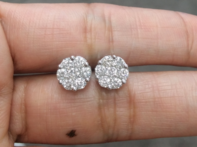 Pre-owned Handmade Deal 14k Gold 1.05ct Round Genuine Diamond Cluster Flower Halo Stud Earrings 8mm In White