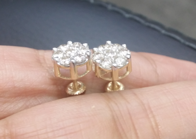 Pre-owned Handmade Deal 14k Gold 1.05ct Round Genuine Diamond Cluster Flower Halo Stud Earrings 8mm In White