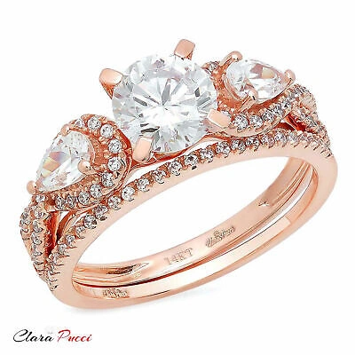 Pre-owned Pucci 2.10 Carat Round Cut Halo Engagement Ring Band Set Real 14k Rose Gold Bridal In White/colorless