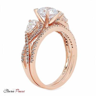 Pre-owned Pucci 2.10 Carat Round Cut Halo Engagement Ring Band Set Real 14k Rose Gold Bridal In White/colorless