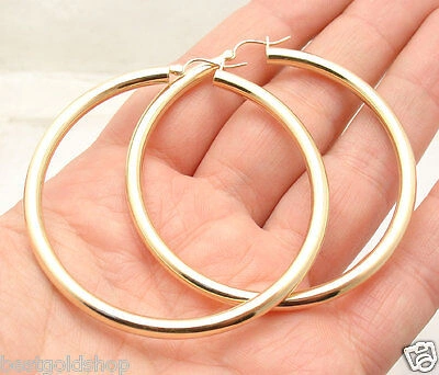 Pre-owned Bestgoldshop 2 1/4" 4mm X 55mm Large Shiny Plain Hoop Earrings Real 10k Yellow Gold