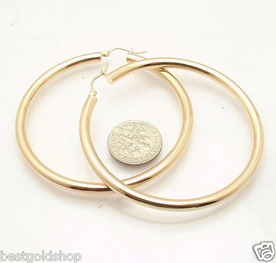 Pre-owned Bestgoldshop 2 1/4" 4mm X 55mm Large Shiny Plain Hoop Earrings Real 10k Yellow Gold