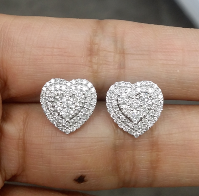 Pre-owned Handmade Deal1.00 Ct Genuine Diamond Cluster Heart Halo Stud Earrings 14k White 10 Mm