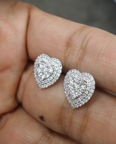Pre-owned Handmade Deal1.00 Ct Genuine Diamond Cluster Heart Halo Stud Earrings 14k White 10 Mm