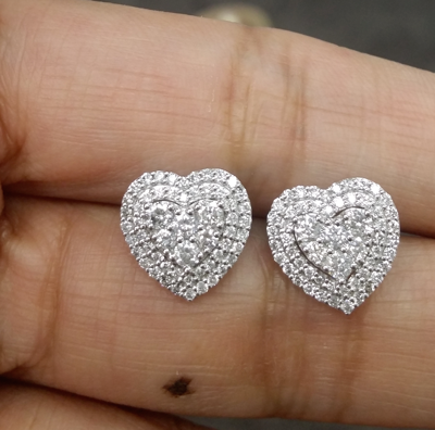 Pre-owned Handmade Deal1.00 Ct Genuine Diamond Cluster Heart Halo Stud Earrings 14k White 10 Mm