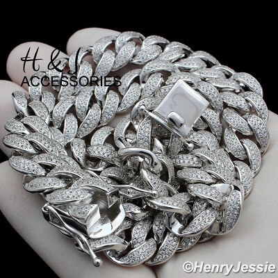 Pre-owned H&j Jewelry 18"men 925 Sterling Silver 12mm Bling Cz Miami Cuban Curb Chain Necklacesn12 In White/colorless,clear