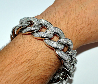 Pre-owned Online0369 3.9 Ct Round Cubic Zirconia Mens Miami Cuban Link Bracelet 925 Over Silver In White