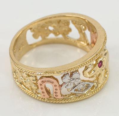 Pre-owned Claddagh Gold 14k Tri-tone Solid Gold Red Cz Owl, Elephant, Horseshoe,evil Eye, Seven, Flower.