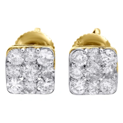 Pre-owned Jfl Diamonds & Timepieces 10k Yellow Gold Real Diamond Studs 6.50mm Square Cluster Pave Earring 0.74 Ct. In White