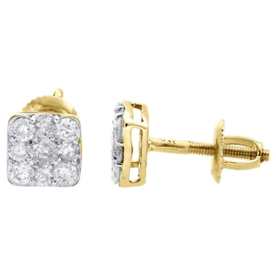 Pre-owned Jfl Diamonds & Timepieces 10k Yellow Gold Real Diamond Studs 6.50mm Square Cluster Pave Earring 0.74 Ct. In White