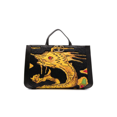 Shop Valentino Black Drago Re-edition Vlogo Embroidered Leather Tote Bag