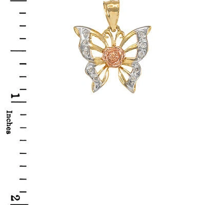 Pre-owned Claddagh Gold Fine 14k Three-tone Gold Fashion Women's Butterfly Cz Pendant Necklace In White