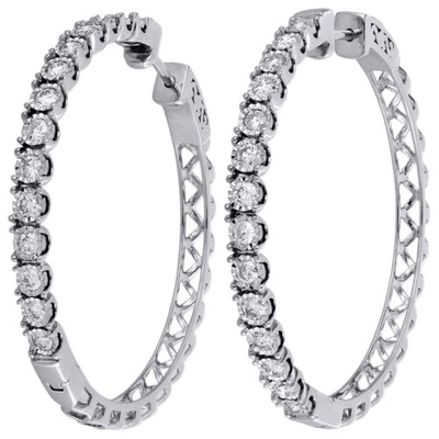 Pre-owned Jfl Diamonds & Timepieces 10k White Gold Diamond One Row Bezel Set 1.55" Hoops Huggie Earrings 1.50 Ct.