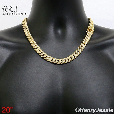 Pre-owned H&j Jewelry 20"men 925 Sterling Silver 12mm Gold Plated Icy Cz Miami Cuban Curb Necklaceg12 In White/colorless