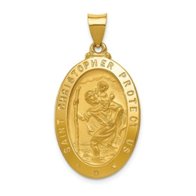 Pre-owned Goldia 14k Yellow Gold Satin & Polished St. Christopher Protect Us Medal Oval Pendant