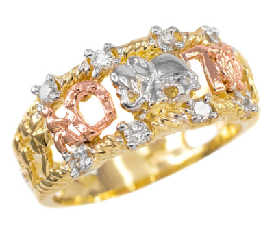 Pre-owned Claddagh Gold 14k Tri-tone Solid Gold Cz's Owl, Elephant, Horseshoe, Seven, Flower And Heart In Red Cz