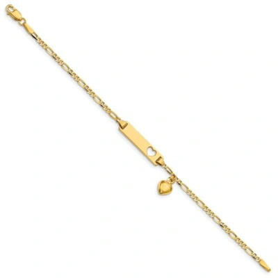 Pre-owned Accessories & Jewelry 14k Yellow Gold Engraveable 5mm Figaro Link Danagling Heart Baby Id Bracelet 6"