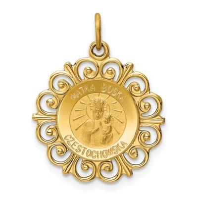 Pre-owned Goldia 14k Yellow Gold Solid & Satin Small Reversible Frame Matka Boska Medal Charm