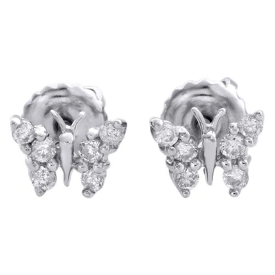 Pre-owned Jfl Diamonds & Timepieces 10k White Gold Round Diamond Mini Butterfly Studs Screw Back Earrings 1/5 Ct.