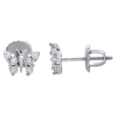 Pre-owned Jfl Diamonds & Timepieces 10k White Gold Round Diamond Mini Butterfly Studs Screw Back Earrings 1/5 Ct.