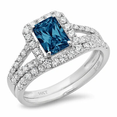 Pre-owned Pucci 1.6ct Emerald Halo Royal Blue Topaz Wedding Statement Bridal Set 14k White Gold In D
